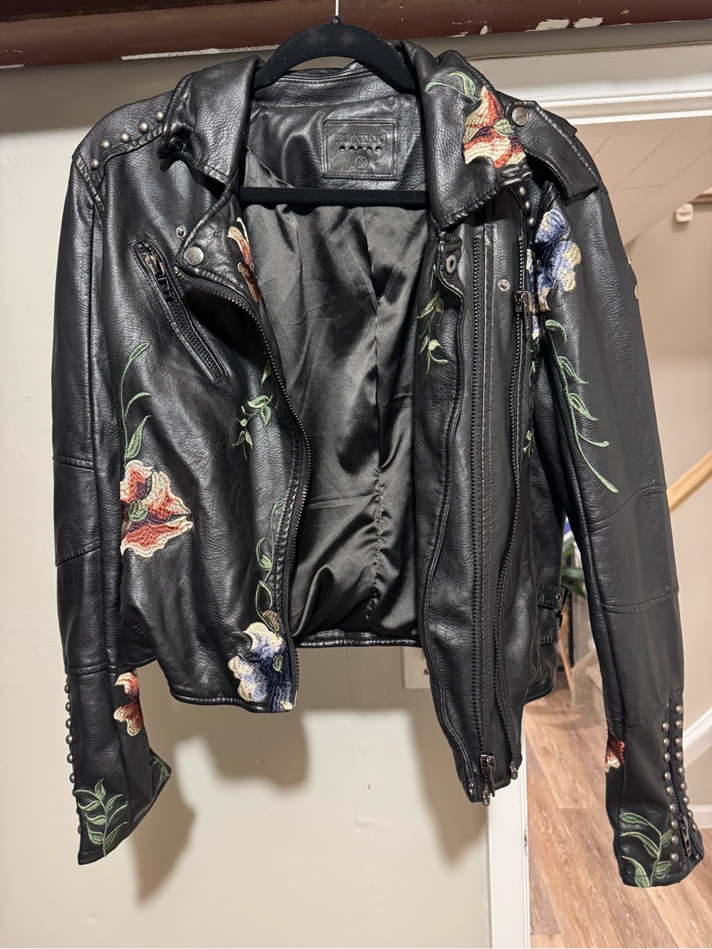 Blank NYC Black Leather Moto Jacket with Floral Embroidery